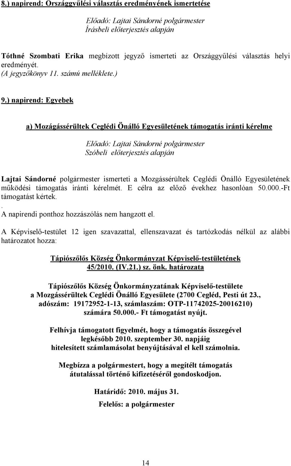 Egyesületének működési támogatás iránti kérelmét. E célra az előző évekhez hasonlóan 50.000.-Ft támogatást kértek.. A napirendi ponthoz hozzászólás nem hangzott el.