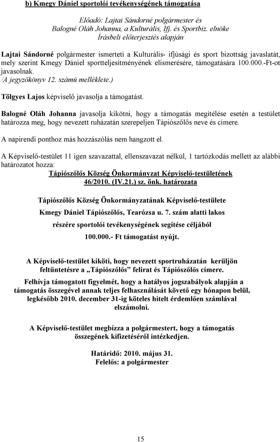 -Ft-ot javasolnak. /A jegyzőkönyv 12. számú melléklete.) Tölgyes Lajos képviselő javasolja a támogatást.