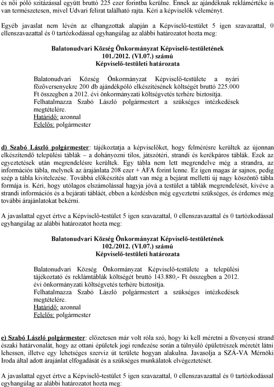 ) számú Balatonudvari Község Önkormányzat Képviselő-testülete a nyári főzőversenyekre 200 db ajándékpóló elkészítésének költségét bruttó 225.000 Ft összegben a 2012.