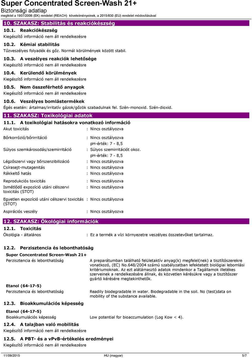 SZAKASZ: Toxikológiai adatok 11