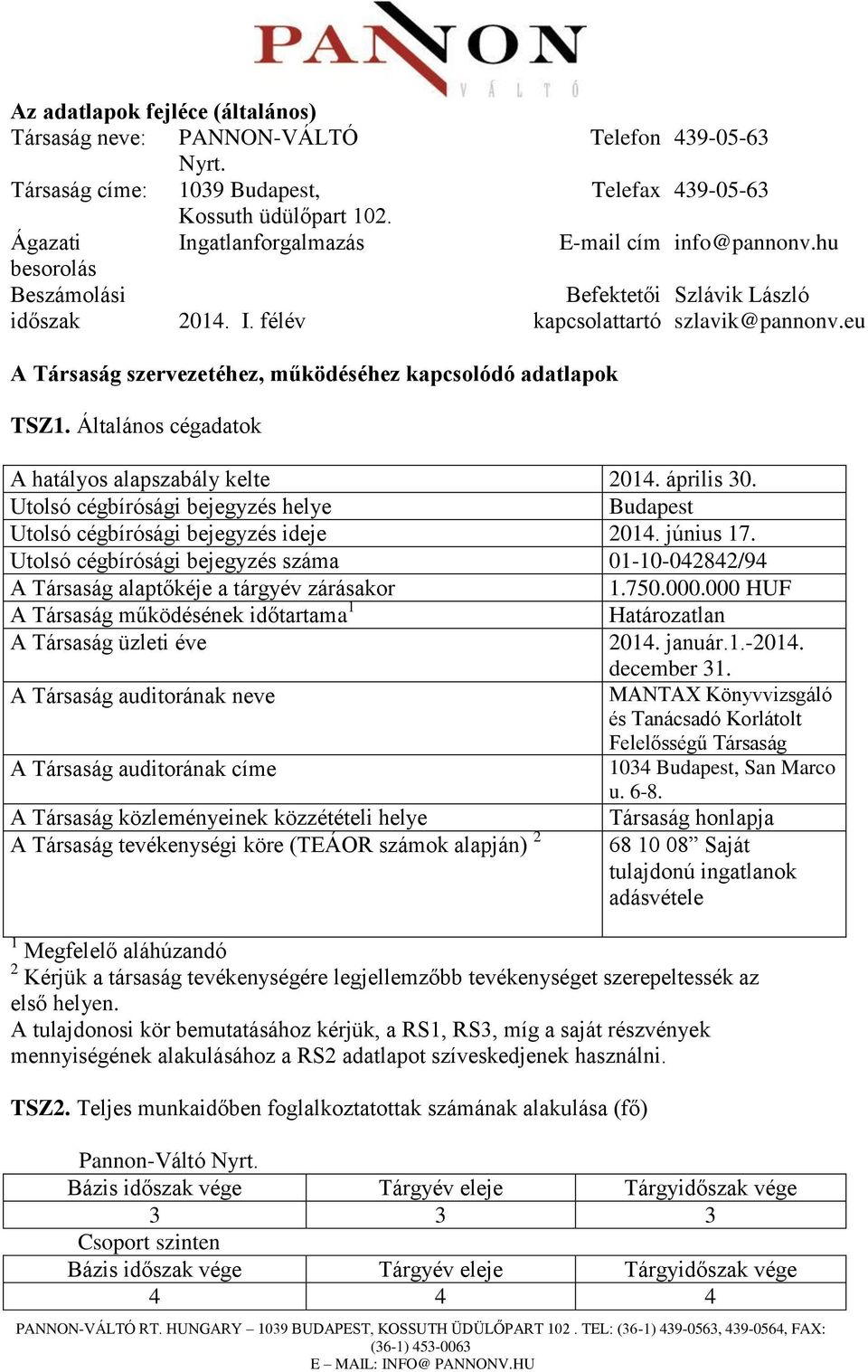 Utolsó cégbírósági bejegyzés helye Budapest Utolsó cégbírósági bejegyzés ideje 2014. június 17. Utolsó cégbírósági bejegyzés száma 01-10-042842/94 A Társaság alaptőkéje a tárgyév zárásakor 1.750.000.