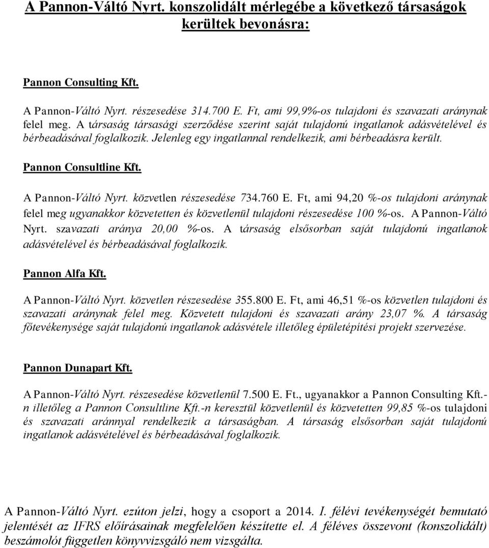 Jelenleg egy ingatlannal rendelkezik, ami bérbeadásra került. Pannon Consultline Kft. A Pannon-Váltó Nyrt. közvetlen részesedése 734.760 E.