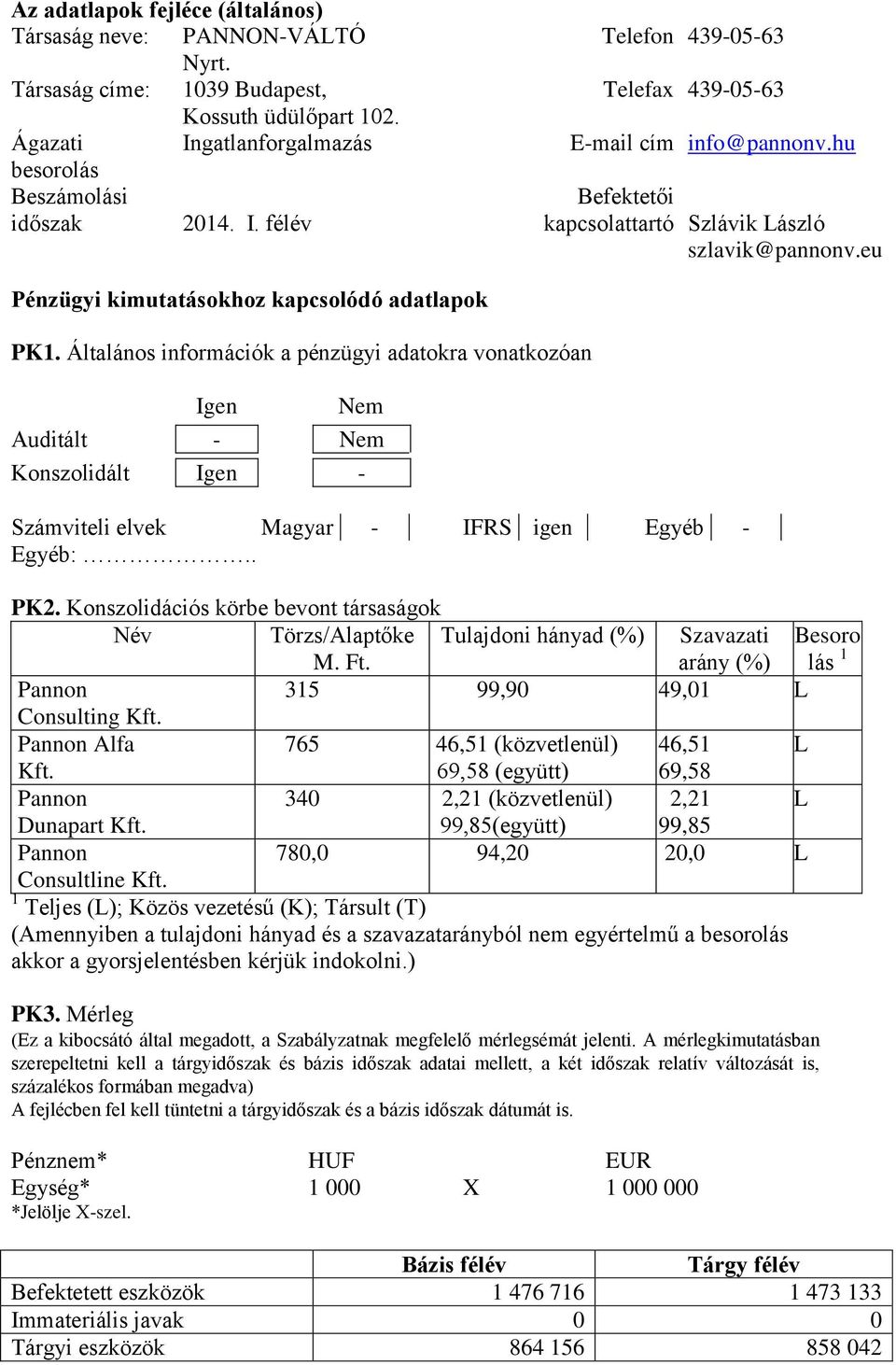 Általános információk a pénzügyi adatokra vonatkozóan Igen Nem Auditált - Nem Konszolidált Igen - Számviteli elvek Magyar - IFRS igen Egyéb - Egyéb:.. PK2.