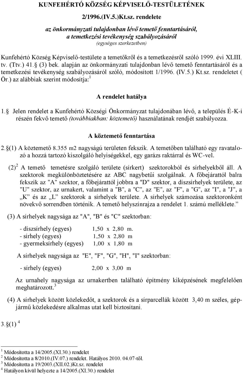 temetkezésről szóló 1999. évi XLIII. tv. (Ttv.) 41. (3) bek. alapján az önkormányzati tulajdonban lévő temető fenntartásáról és a temetkezési tevékenység szabályozásáról szóló, módosított 1/1996. (IV.