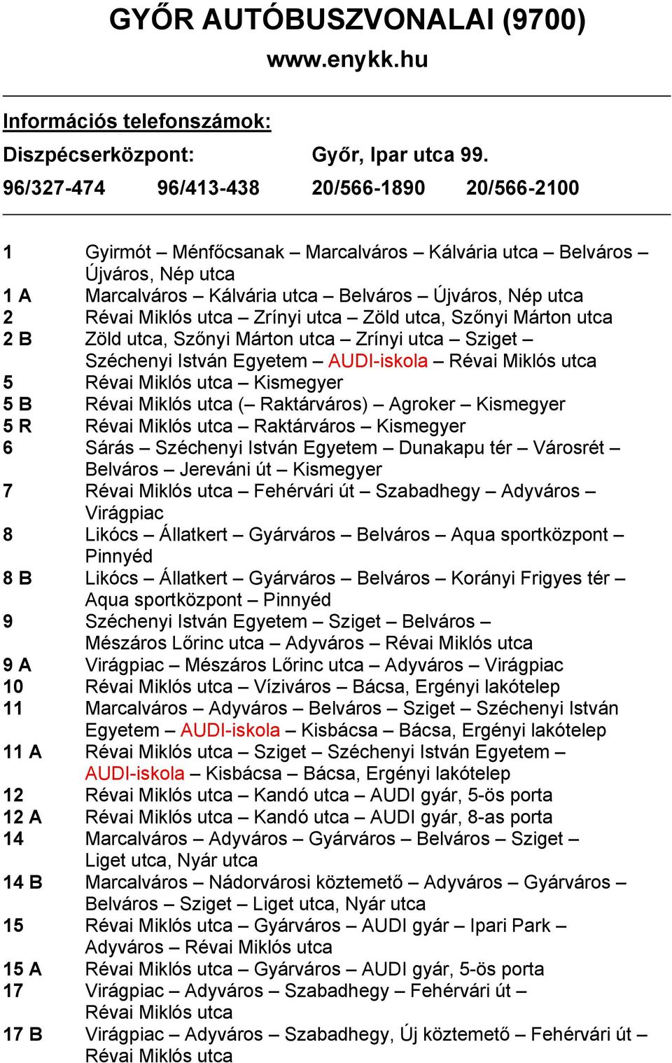 Zrínyi utca Zöld utca, Szőnyi Márton utca 2 B Zöld utca, Szőnyi Márton utca Zrínyi utca Sziget Széchenyi István Egyetem AUDI-iskola Révai Miklós utca 5 Révai Miklós utca Kismegyer 5 B Révai Miklós