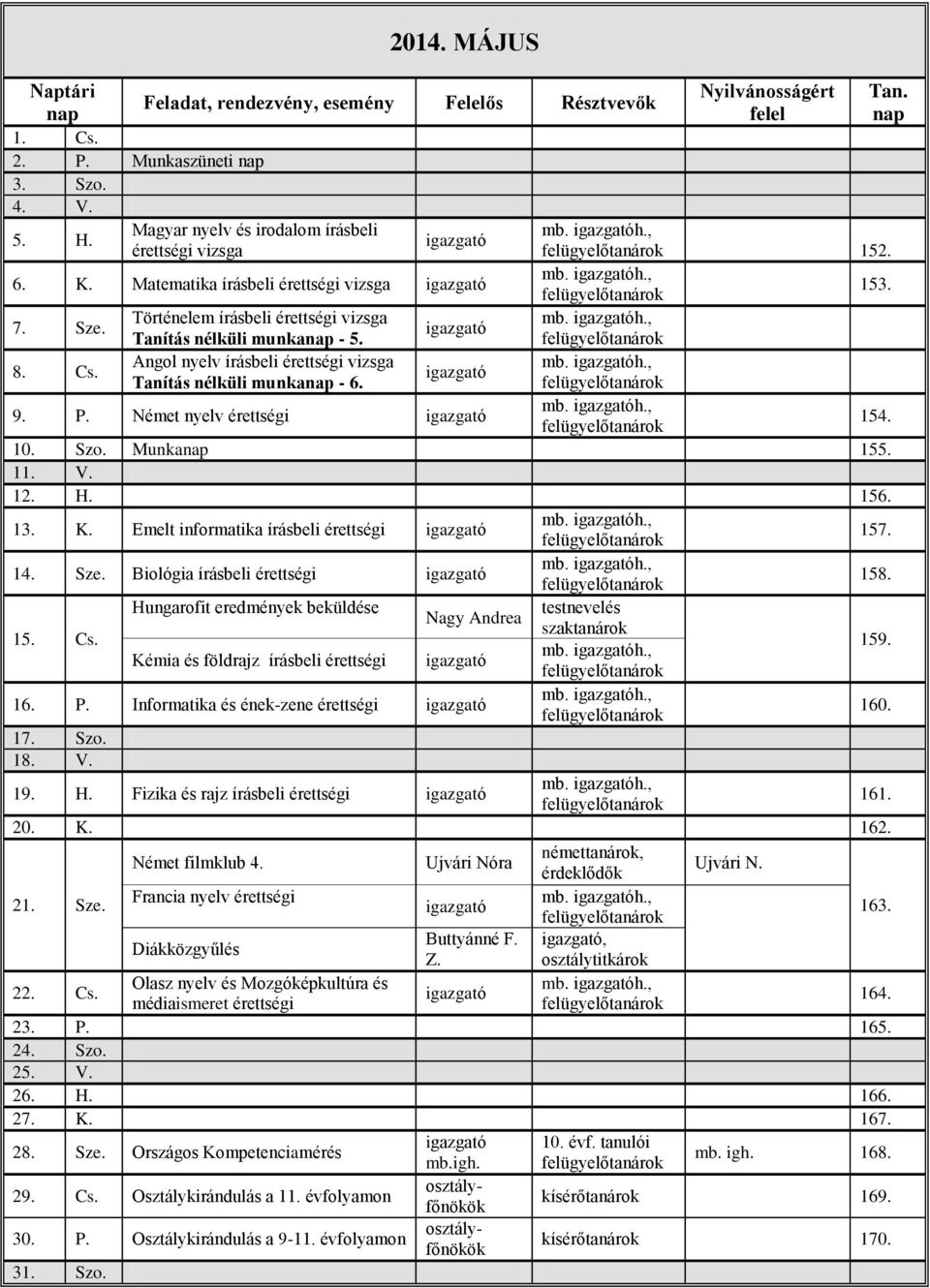 9. P. Német nyelv érettségi mb. h., 154. 10. Szo. Munka 155. 11. V. 12. H. 156. 13. K. Emelt informatika írásbeli érettségi mb. h., 157. 14. Sze. Biológia írásbeli érettségi mb. h., 158. 15. Cs.