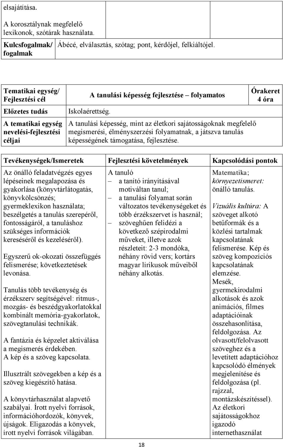 A tanulási képesség fejlesztése folyamatos A tanulási képesség, mint az életkori sajátosságoknak megfelelő megismerési, élményszerzési folyamatnak, a játszva tanulás képességének támogatása,