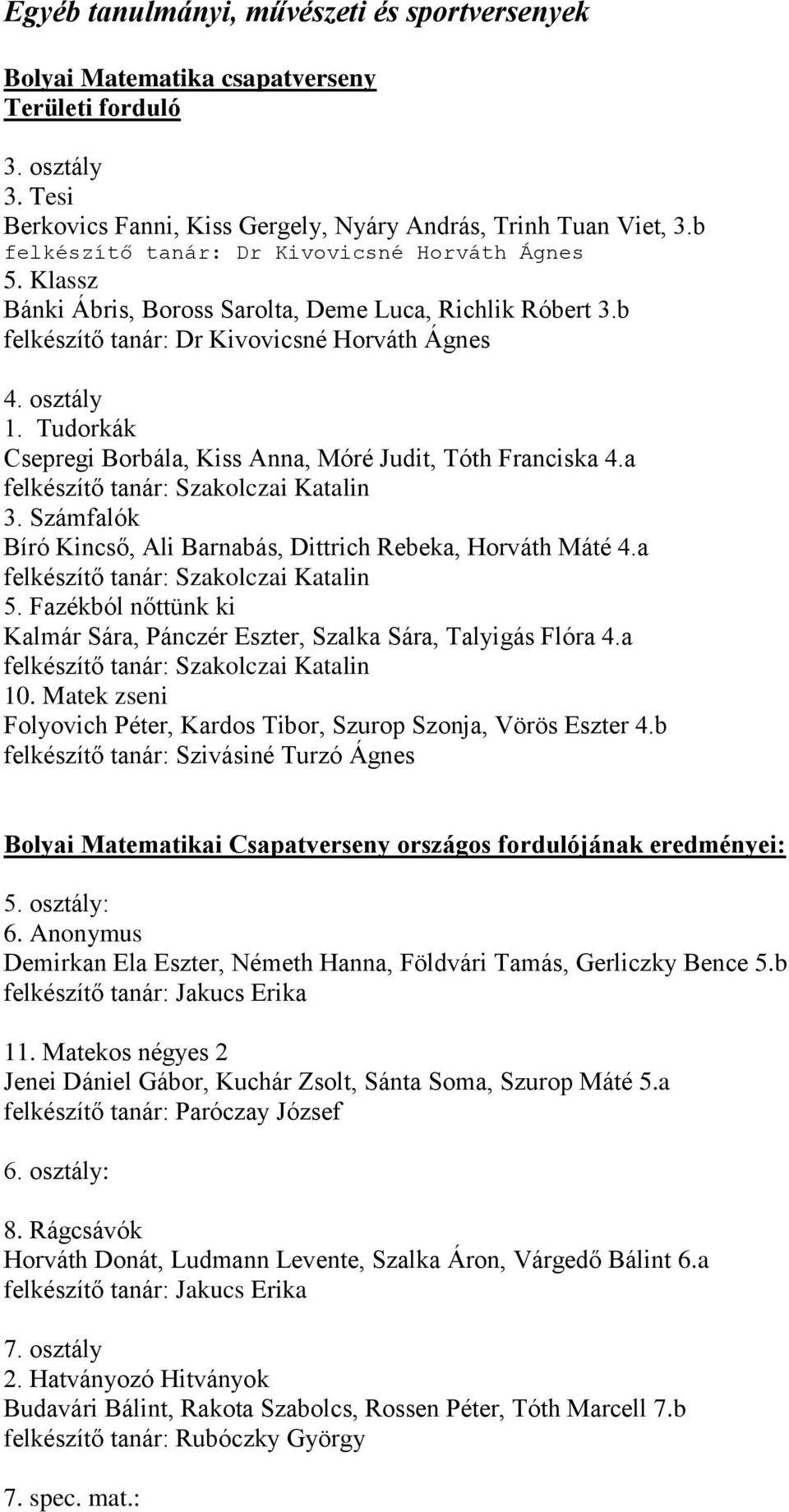 Tudorkák Csepregi Borbála, Kiss Anna, Móré Judit, Tóth Franciska 4.a felkészítő tanár: Szakolczai Katalin 3. Számfalók Bíró Kincső, Ali Barnabás, Dittrich Rebeka, Horváth Máté 4.