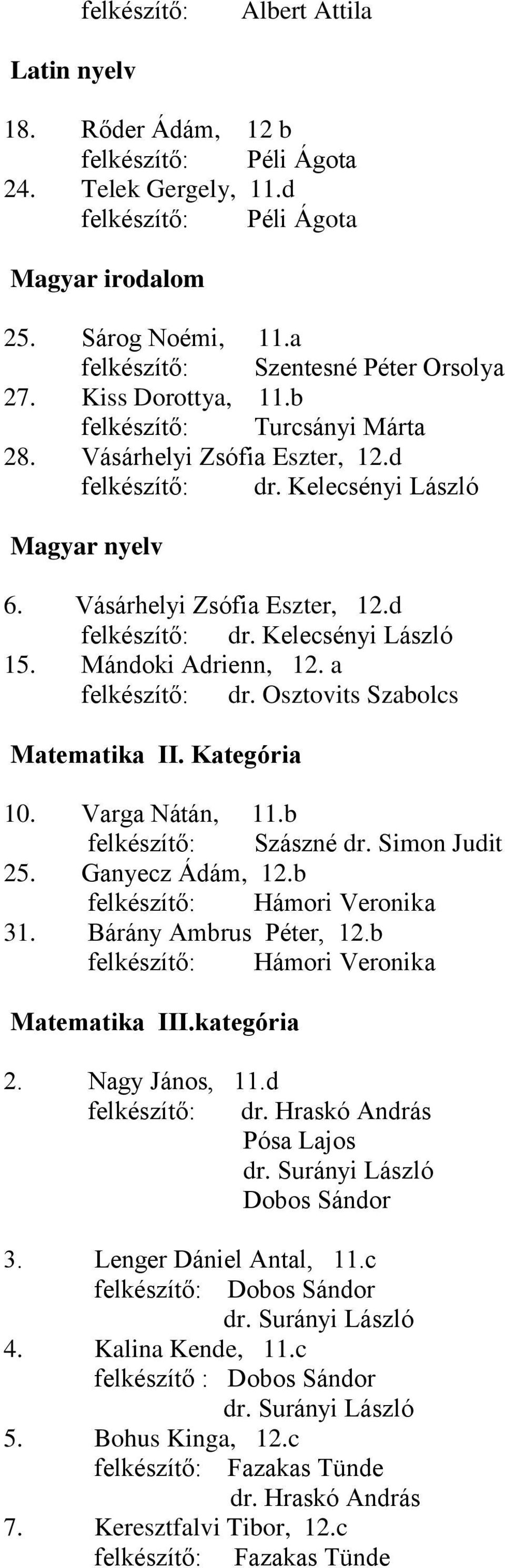 Vásárhelyi Zsófia Eszter, 12.d felkészítő: dr. Kelecsényi László 15. Mándoki Adrienn, 12. a felkészítő: dr. Osztovits Szabolcs Matematika II. Kategória 10. Varga Nátán, 11.b felkészítő: Szászné dr.