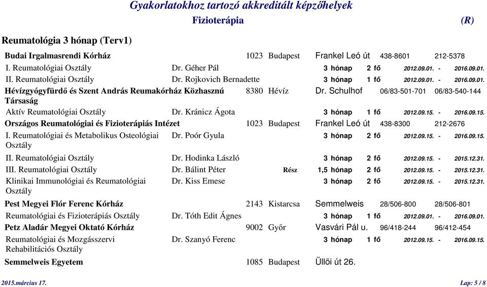 - 2016.09.15. Országos Reumatológiai és Fizioterápiás Intézet 1023 Budapest Frankel Leó út 438-8300 212-2676 I. Reumatológiai és Metabolikus Osteológiai Dr. Poór Gyula 3 hónap 2 fő 2012.09.15. - 2016.