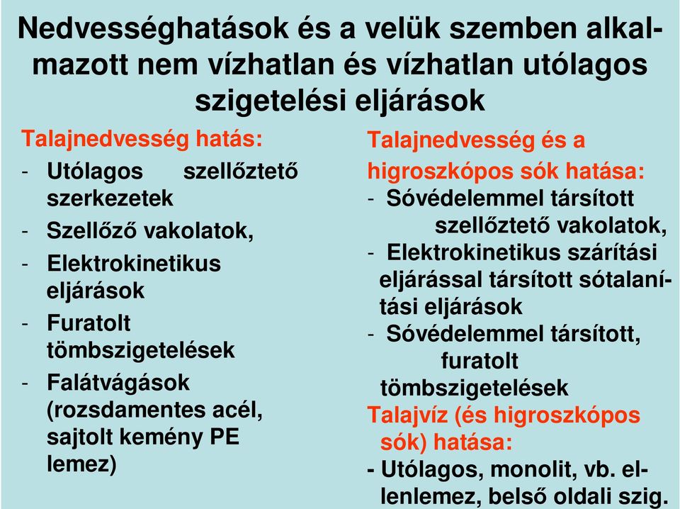 Talajnedvesség és a higroszkópos sók hatása: - Sóvédelemmel társított szellıztetı vakolatok, - Elektrokinetikus szárítási eljárással társított