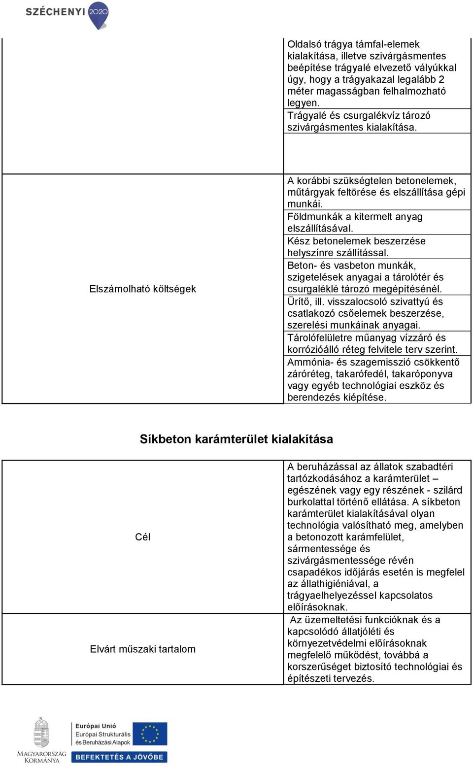 Földmunkák a kitermelt anyag elszállításával. Kész betonelemek beszerzése helyszínre szállítással. Beton- és vasbeton munkák, szigetelések anyagai a tárolótér és csurgaléklé tározó megépítésénél.