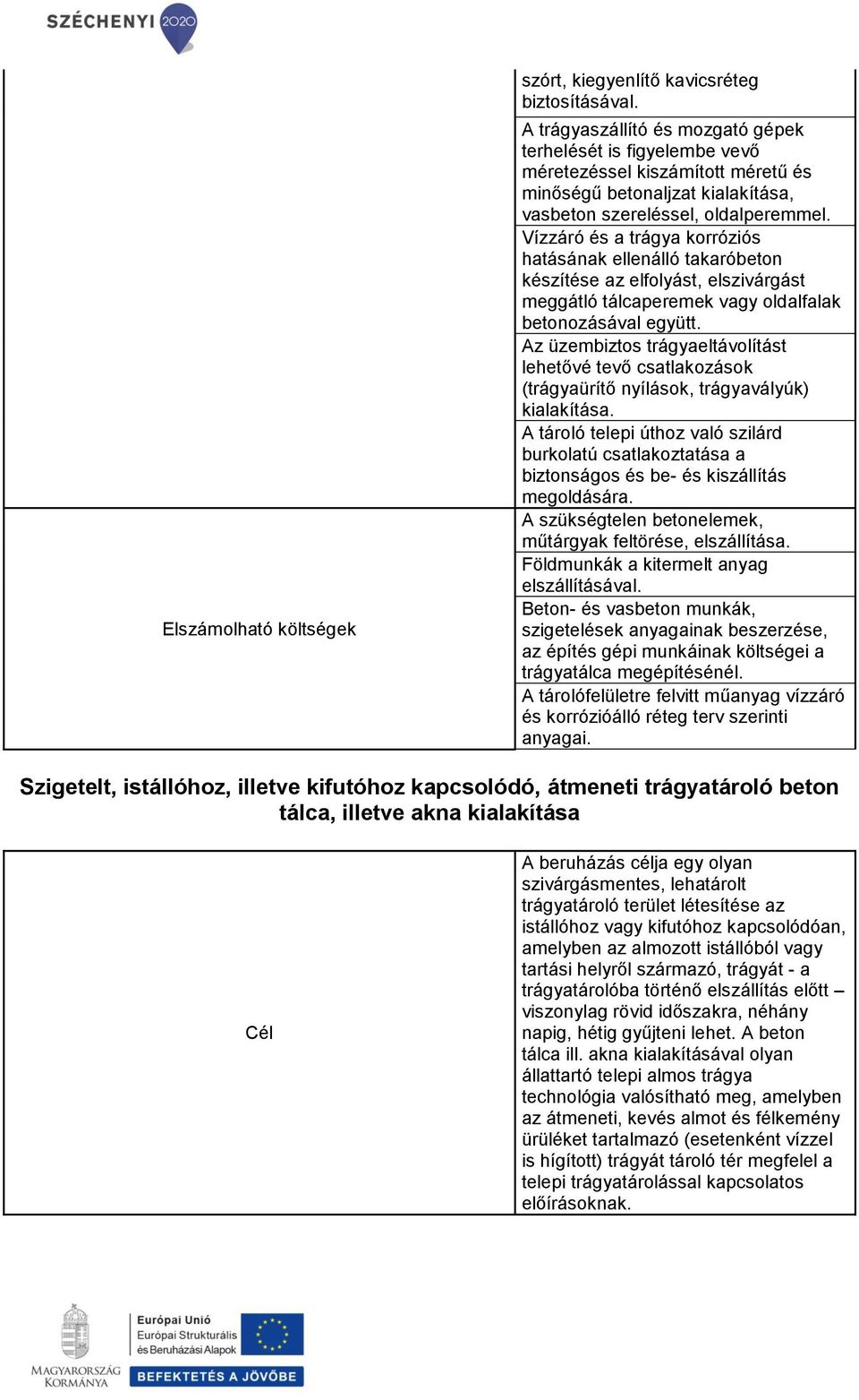 Vízzáró és a trágya korróziós hatásának ellenálló takaróbeton készítése az elfolyást, elszivárgást meggátló tálcaperemek vagy oldalfalak betonozásával együtt.