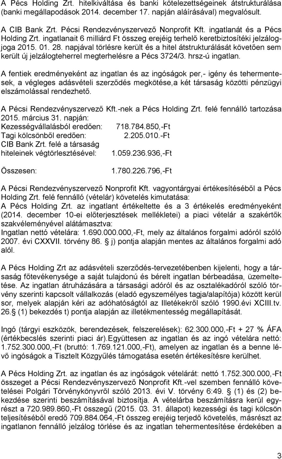 napjával törlésre került és a hitel átstrukturálását követően sem került új jelzálogteherrel megterhelésre a Pécs 3724/3. hrszú ingatlan.