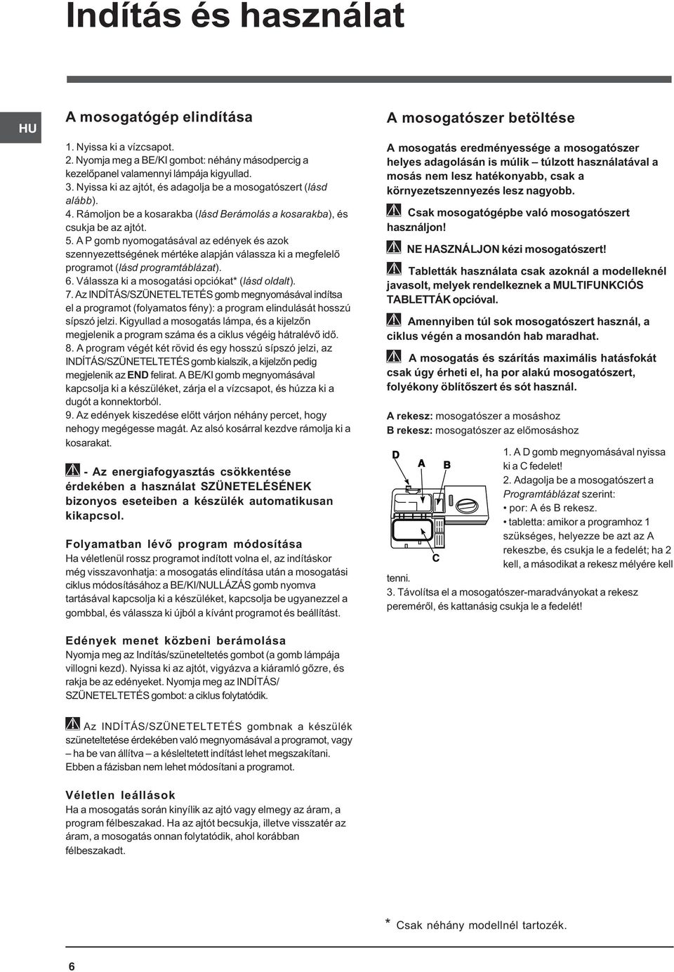 A P gomb nyomogatásával az edények és azok szennyezettségének mértéke alapján válassza ki a megfelelõ programot (lásd programtáblázat). 6. Válassza ki a mosogatási opciókat* (lásd oldalt). 7.