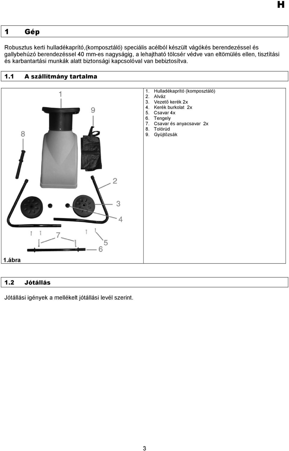 bebiztosítva. 1.1 A szállítmány tartalma 1. Hulladékaprító (komposztáló) 2. Alváz 3. Vezető kerék 2x 4. Kerék burkolat 2x 5.