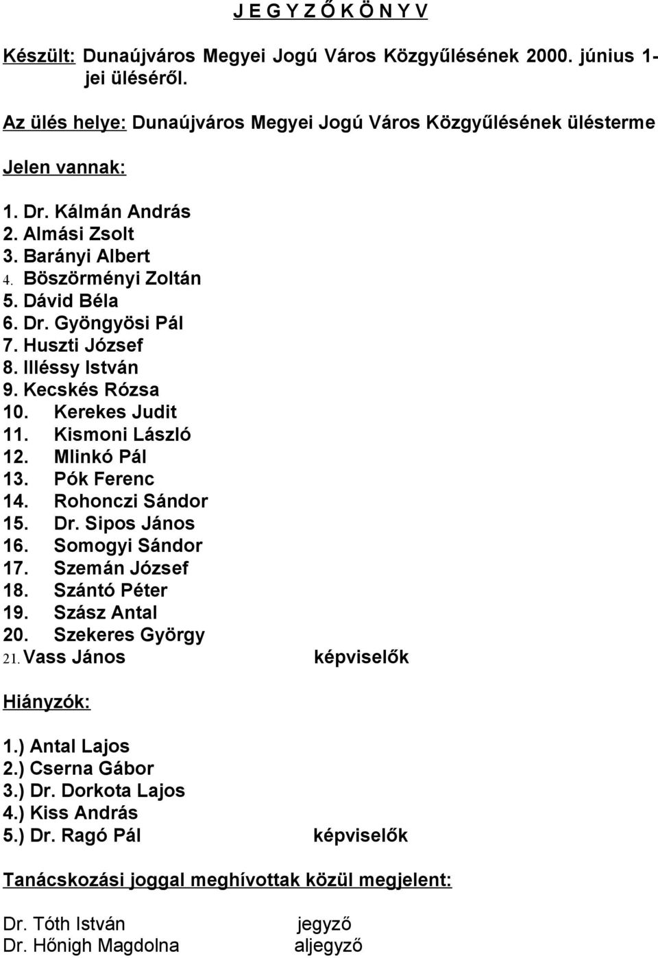 Kismoni László 12. Mlinkó Pál 13. Pók Ferenc 14. Rohonczi Sándor 15. Dr. Sipos János 16. Somogyi Sándor 17. Szemán József 18. Szántó Péter 19. Szász Antal 20. Szekeres György 21.