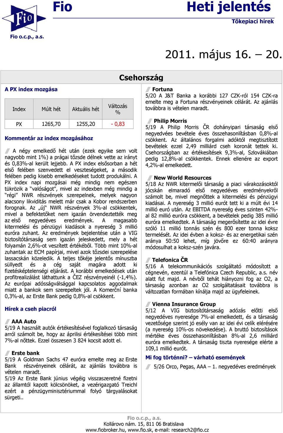 Csehország A PX index mozgása Index Múlt hét Aktuális hét Változás % PX 1265,70 1255,20-0,83 / A négy emelkedı hét után (ezek egyike sem volt nagyobb mint 1%) a prágai tızsde délnek vette az irányt