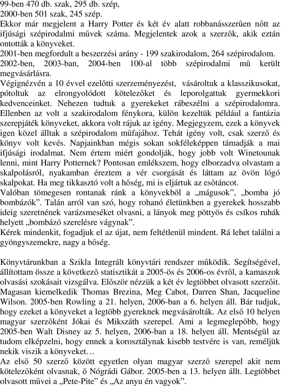 2002-ben, 2003-ban, 2004-ben 100-al több szépirodalmi mő került megvásárlásra.