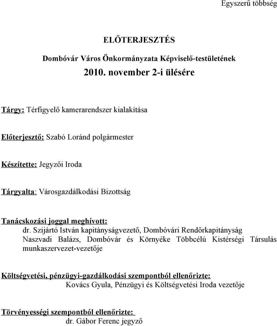 Városgazdálkodási Bizottság Tanácskozási joggal meghívott: dr.