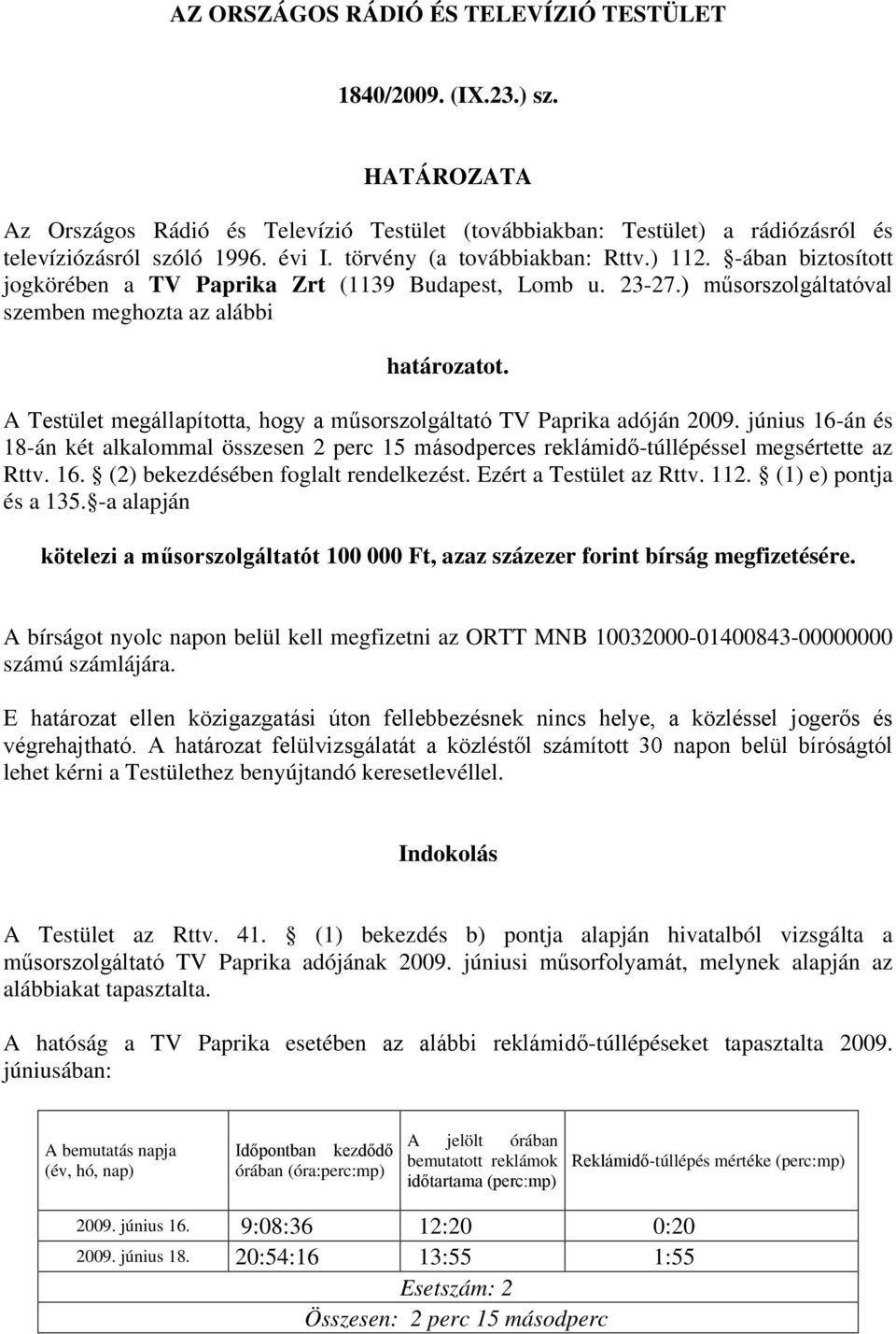 A Testület megállapította, hogy a műsorszolgáltató TV Paprika adóján 2009. június 16-án és 18-án két alkalommal összesen 2 perc 15 másodperces reklámidő-túllépéssel megsértette az Rttv. 16. (2) bekezdésében foglalt rendelkezést.