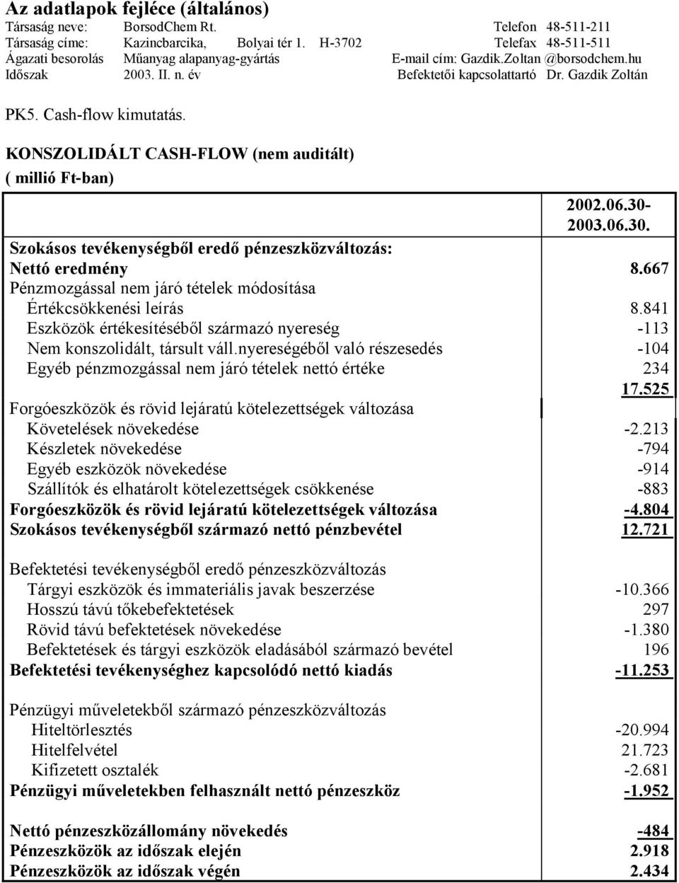 Cash-flow kimutatás. KONSZOLIDÁLT CASH-FLOW (nem auditált) ( millió Ft-ban) 2002.06.30-2003.06.30. Szokásos tevékenységből eredő pénzeszközváltozás: Nettó eredmény 8.