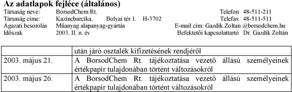 év Befektetői kapcsolattartó Dr. Gazdik Zoltán után járó osztalék kifizetésének rendjéről 2003. május 21. A BorsodChem Rt.