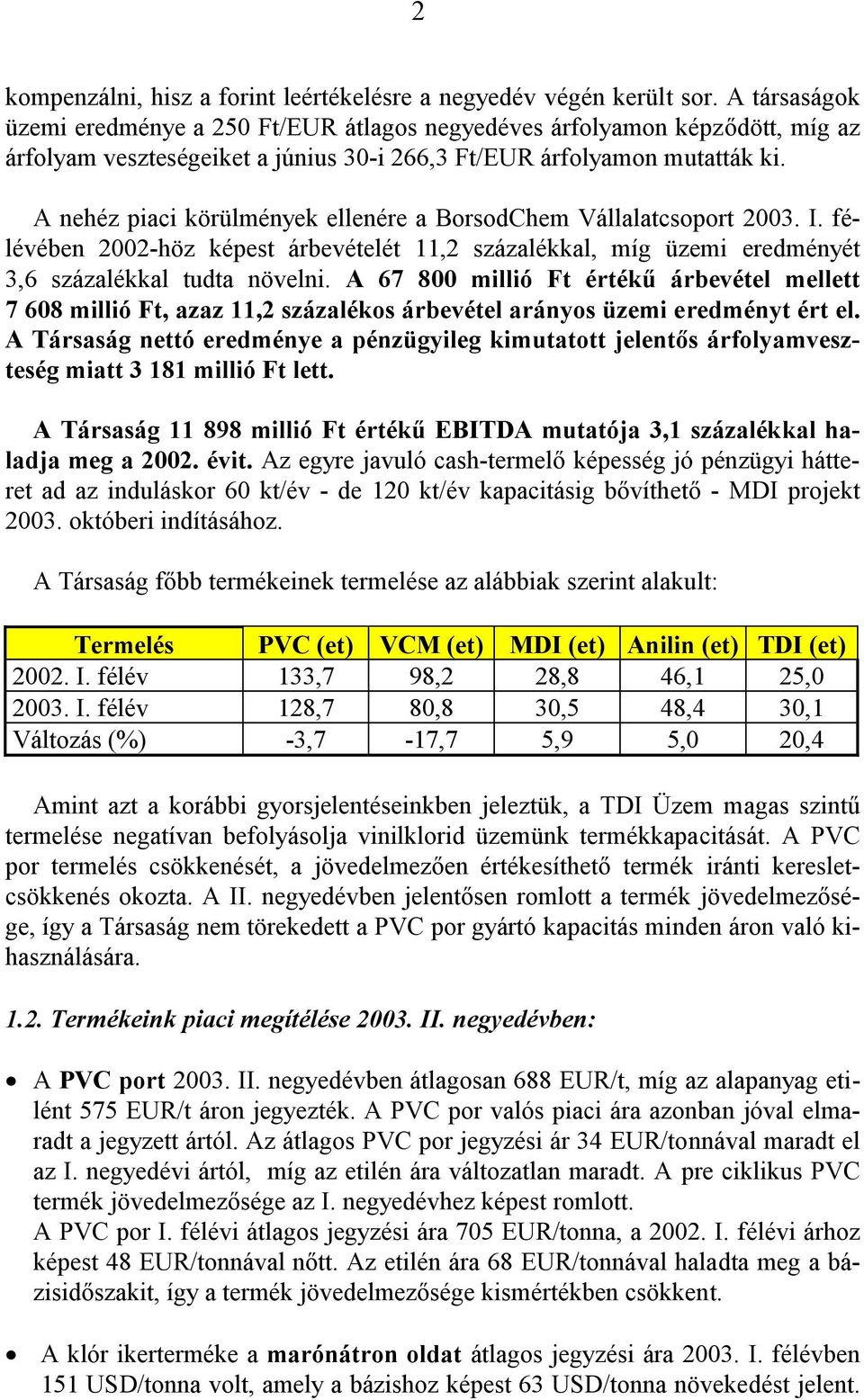 A nehéz piaci körülmények ellenére a BorsodChem Vállalatcsoport 2003. I. félévében 2002-höz képest árbevételét 11,2 százalékkal, míg üzemi eredményét 3,6 százalékkal tudta növelni.