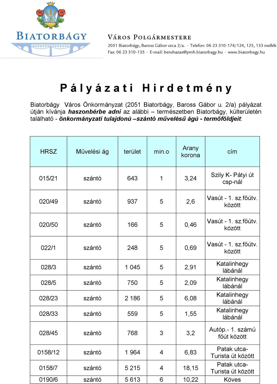 2/a) pályázat útján kívánja haszonbérbe adni az alábbi természetben Biatorbágy, külterületén található - önkormányzati tulajdonú szántó művelésű ágú - termőföldjeit: HRSZ Művelési ág terület min.