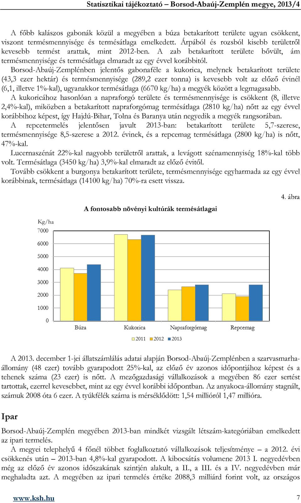 Borsod-Abaúj-Zemplénben jelentős gabonaféle a kukorica, melynek betakarított területe (43,3 ezer hektár) és termésmennyisége (289,2 ezer tonna) is kevesebb volt az előző évinél (6,1, illetve 1%-kal),