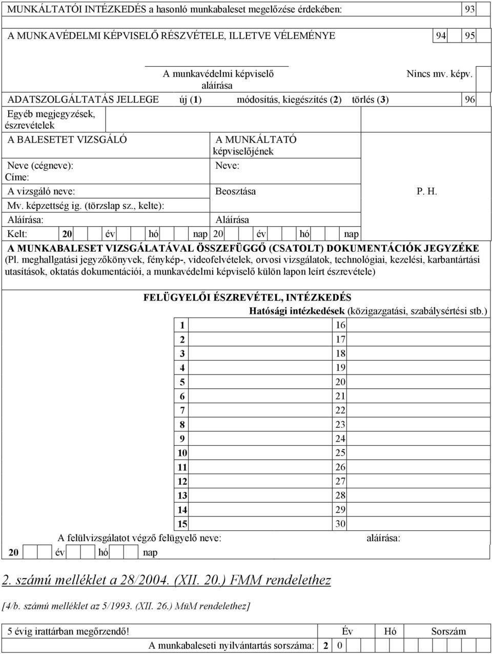 aláírása ADATSZOLGÁLTATÁS JELLEGE új (1) módosítás, kiegészítés (2) törlés (3) 96 Egyéb megjegyzések, észrevételek A BALESETET VIZSGÁLÓ A MUNKÁLTATÓ képviselőjének Neve (cégneve): Neve: Címe: A