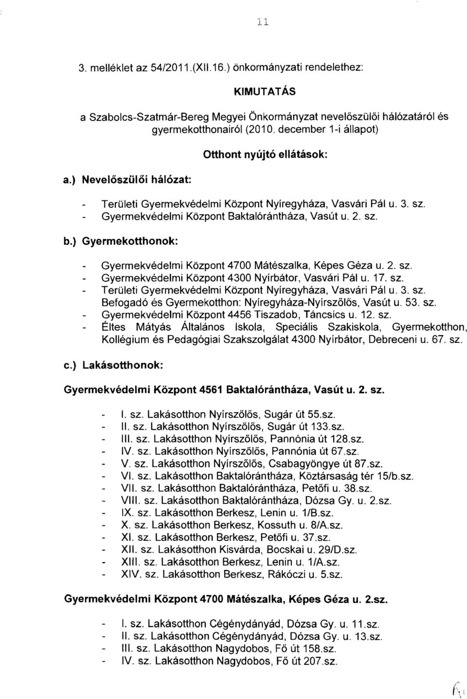 } Gyermekotthonok: Gyermekvédelmi Központ 4700 Mátészalka, Képes Géza u. 2. sz. Gyermekvédelmi Központ 4300 Nyírbátor, Vasvári Pál u. 17. sz. Területi Gyermekvédelmi Központ Nyíregyháza, Vasvári Pál u.