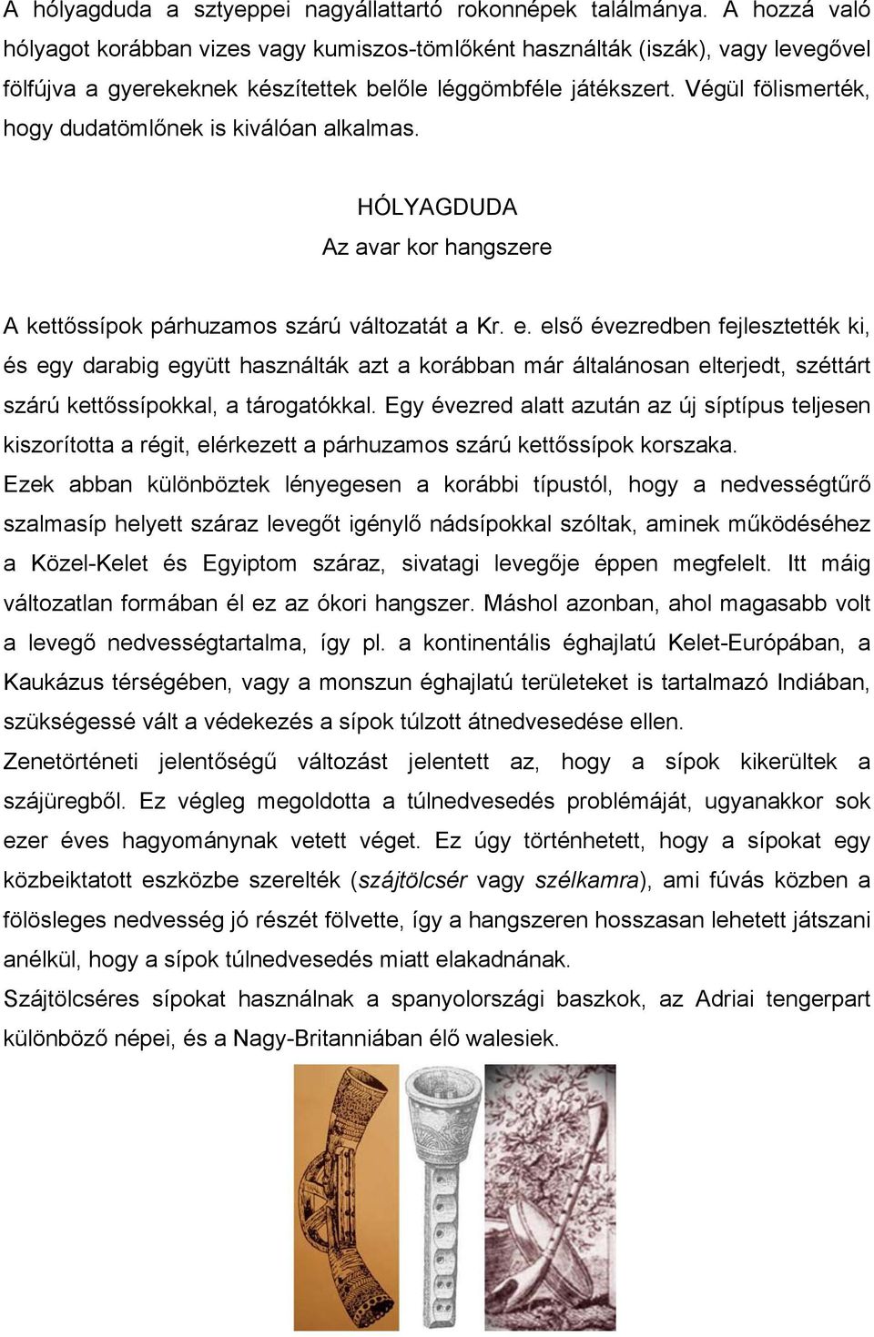 Végül fölismerték, hogy dudatömlőnek is kiválóan alkalmas. HÓLYAGDUDA Az avar kor hangszere A kettőssípok párhuzamos szárú változatát a Kr. e.