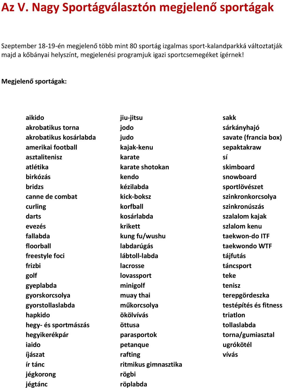 Megjelenő sportágak: aikido jiu-jitsu sakk akrobatikus torna jodo sárkányhajó akrobatikus kosárlabda judo savate (francia box) amerikai football kajak-kenu sepaktakraw asztalitenisz karate sí