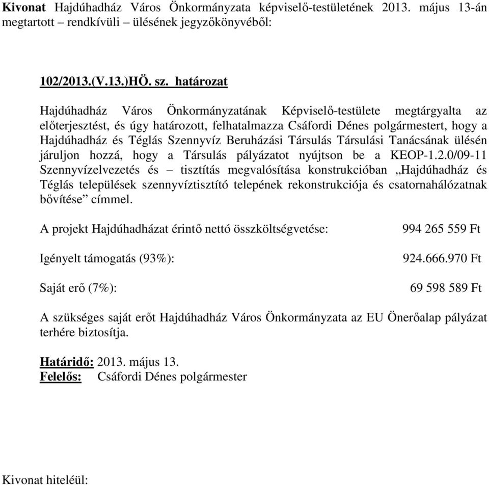 Beruházási Társulás Társulási Tanácsának ülésén járuljon hozzá, hogy a Társulás pályázatot nyújtson be a KEOP-1.2.