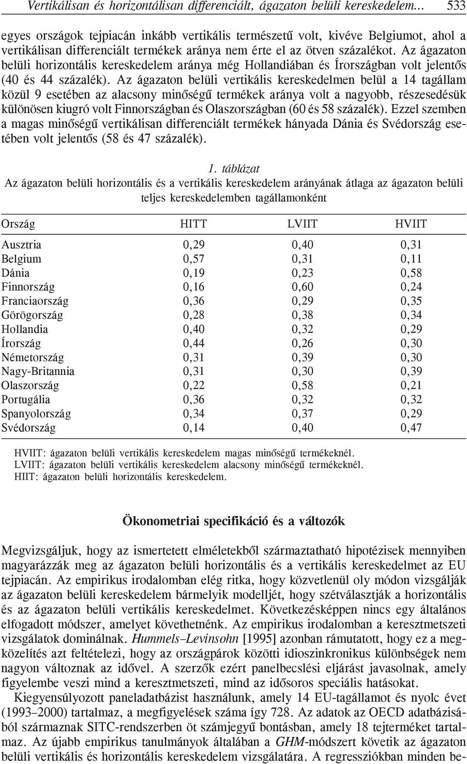 Az ágazaton belüli vertikális kereskedelmen belül a 14 tagállam közül 9 esetében az alacsony minõségû termékek aránya volt a nagyobb, részesedésük különösen kiugró volt Finnországban és
