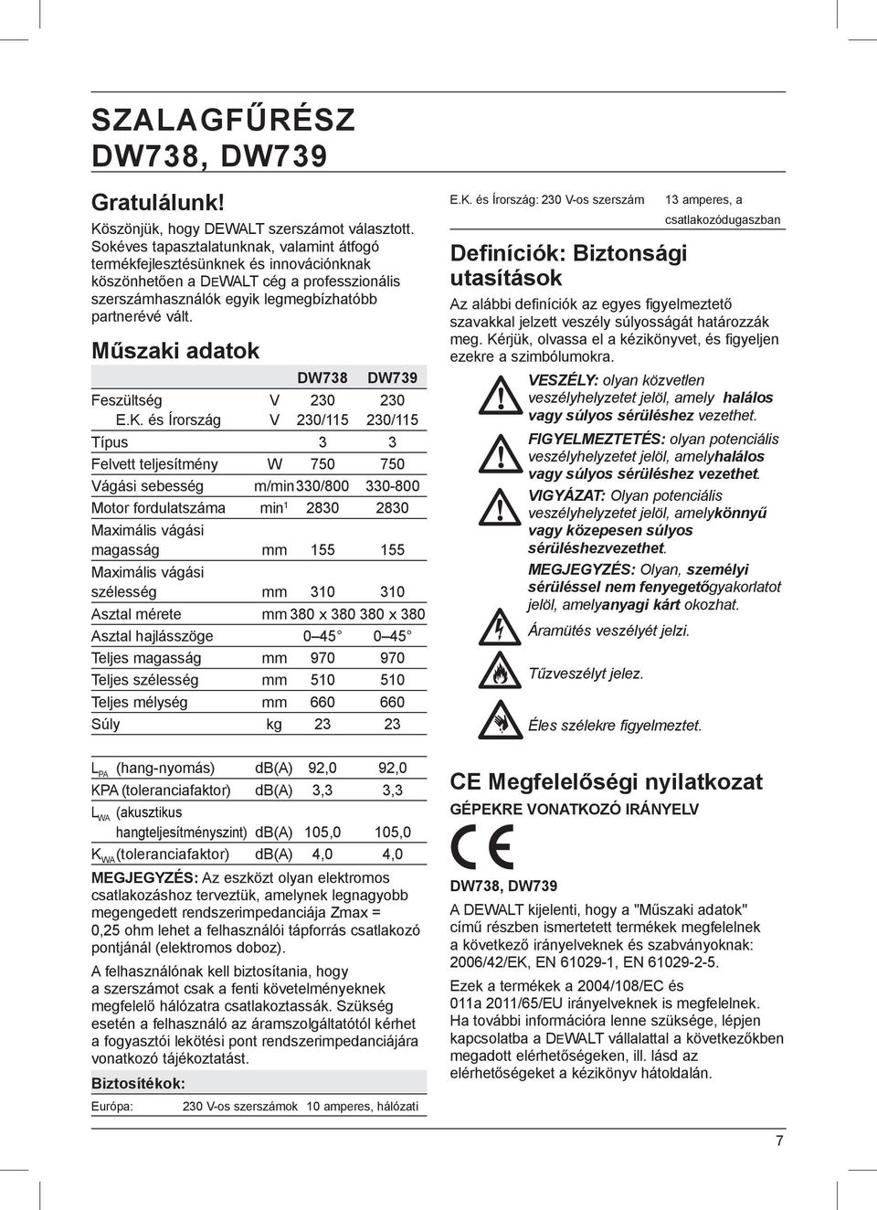 Műszaki adatok DW738 DW739 Feszültség V 230 230 E.K.