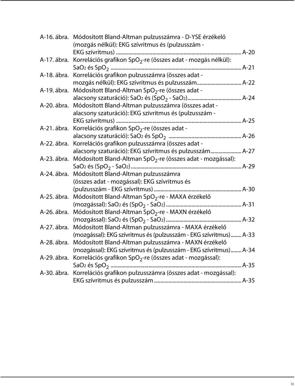 .. A-22 A-19. ábra. Módosított Bland-Altman SpO 2 -re (összes adat - alacsony szaturáció): SaO2 és (SpO 2 - SaO2)... A-24 A-20. ábra. Módosított Bland-Altman pulzusszámra (összes adat - alacsony szaturáció): EKG szívritmus és (pulzusszám - EKG szívritmus).