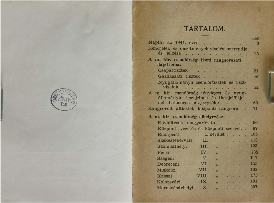 csendőrség tényleges és nyugállományú tisztjeinek és tiszt jelölt jeinek betüsoros névjegyzéke.. Rangsorolt altisztek központi rangsora 21 46 52 60 71 A m. kir.