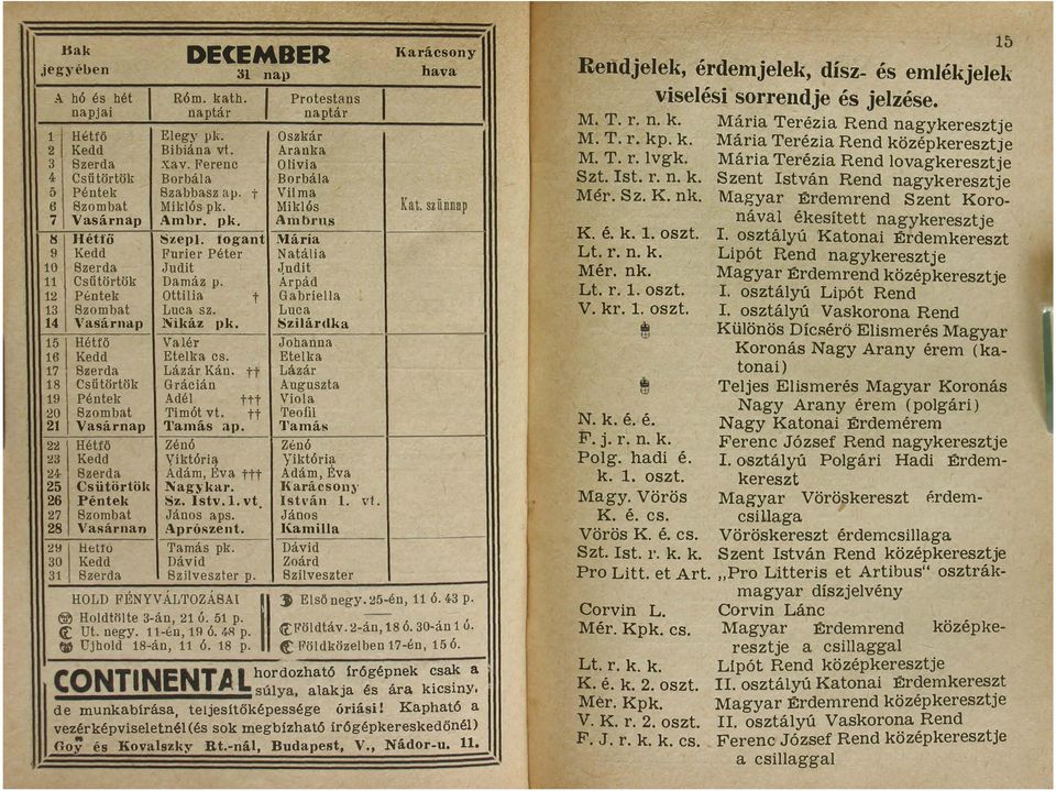 17 Szerda Lázár Kán. tr 18 Csütörtök Grácián 19 Péntek Adél ttt 20 Szombat Tim6t vt. tt 21 Vasá.rnap Tamá.s ap. 22 Hétfő Zén6 23 Kedd Vikt6ria 24 Szerda Ádám Éva ttt 25 Csütörtöl{ Nagyka]'.