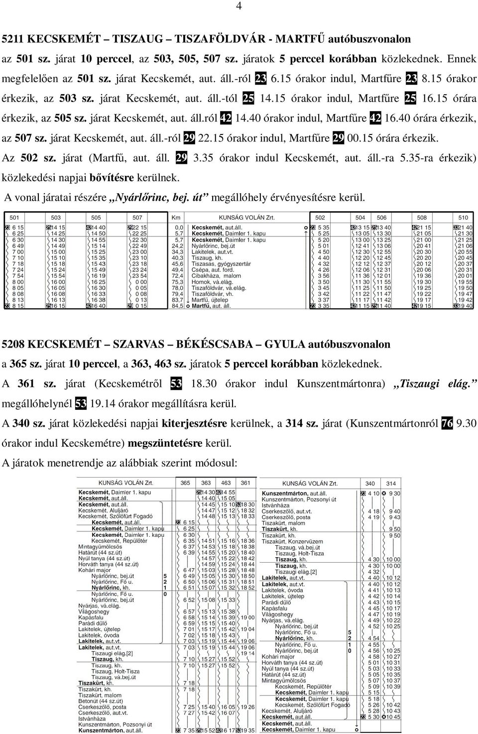 járat Kecskemét, aut. áll.ról 42 14.40 órakor indul, Martfőre 42 16.40 órára érkezik, az 507 sz. járat Kecskemét, aut. áll.-ról 29 22.15 órakor indul, Martfőre 29 00.15 órára érkezik. Az 502 sz.