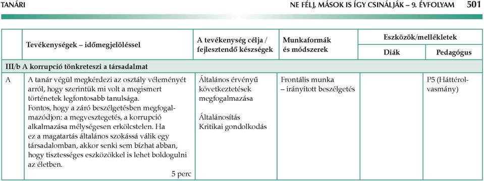 legfontosabb tanulsága. Fontos, hogy a záró beszélgetésben megfogalmazódjon: a megvesztegetés, a korrupció alkalmazása mélységesen erkölcstelen.