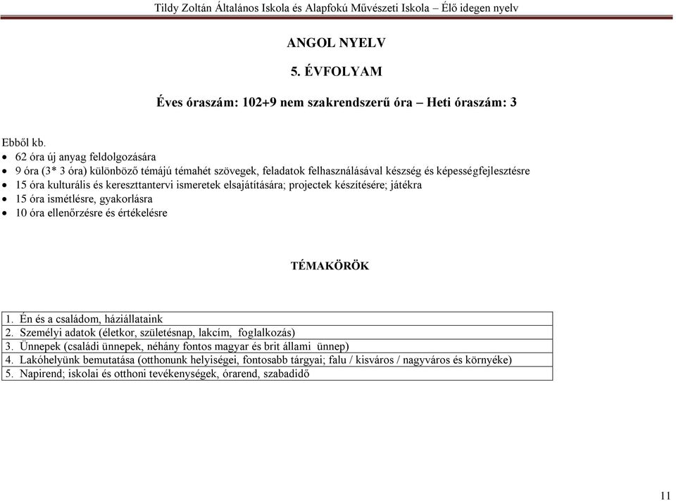 ismeretek elsajátítására; projectek készítésére; játékra 15 óra ismétlésre, gyakorlásra 10 óra ellenőrzésre és értékelésre TÉMAKÖRÖK 1. Én és a családom, háziállataink 2.