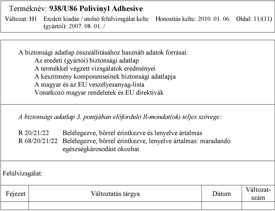 eredményei A készítmény komponenseinek biztonsági adatlapja A magyar és az EU veszélyesanyag-lista Vonatkozó magyar rendeletek és EU direktívák A biztonsági