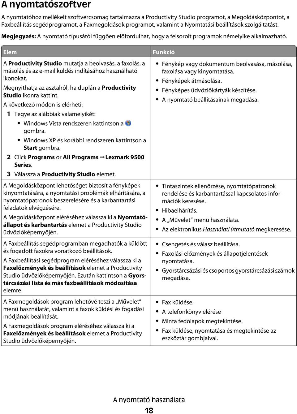 Elem A Productivity Studio mutatja a beolvasás, a faxolás, a másolás és az e-mail küldés indításához használható ikonokat. Megnyithatja az asztalról, ha duplán a Productivity Studio ikonra kattint.