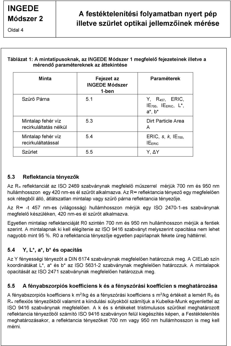 3 eflektancia tényezők Az reflektanciát az ISO 469 szabványnak megfelelő műszerrel mérjük 700 nm és 950 nm hullámhosszon egy 40 nm-es él szűrőt alkalmazva.