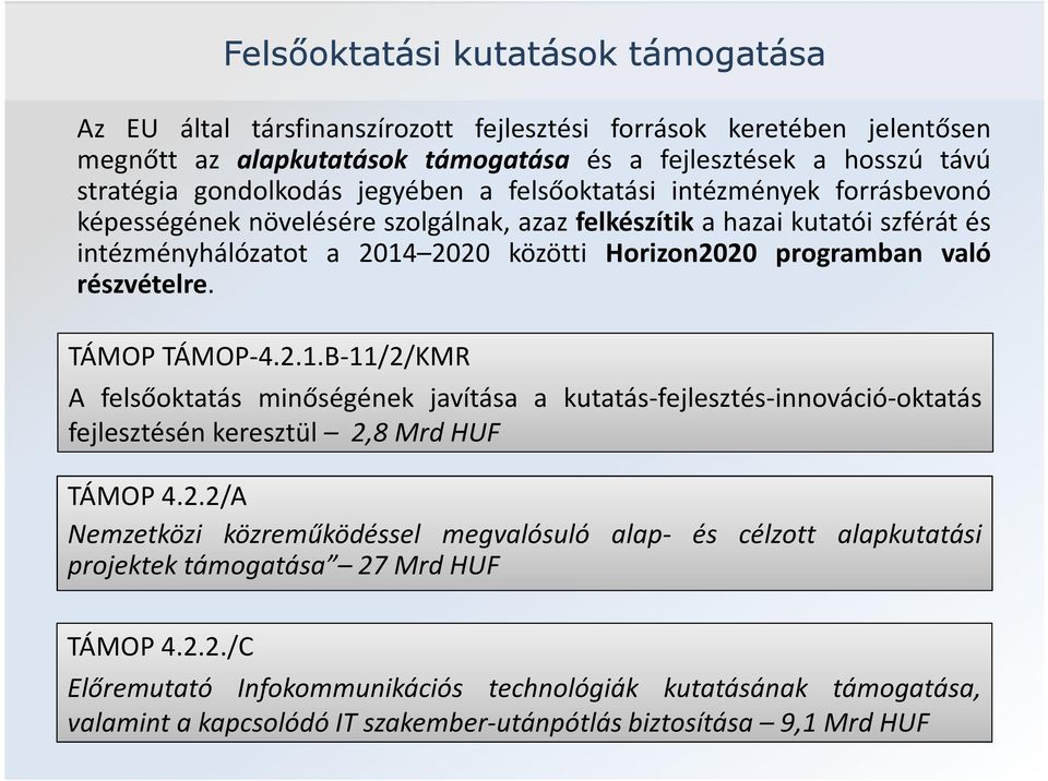 részvételre. TÁMOP TÁMOP-4.2.1.B-11/2/KMR A felsőoktatás minőségének javítása a kutatás-fejlesztés-innováció-oktatás fejlesztésén keresztül 2,8 Mrd HUF TÁMOP 4.2.2/A Nemzetközi közreműködéssel megvalósuló alap- és célzott alapkutatási projektek támogatása 27 Mrd HUF TÁMOP 4.