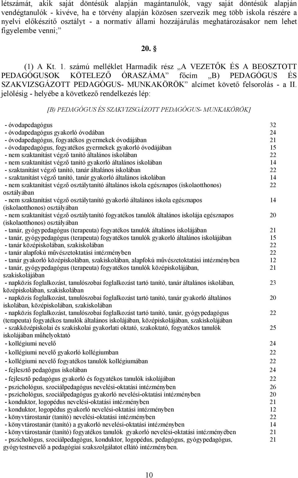 számú melléklet Harmadik rész A VEZETŐK ÉS A BEOSZTOTT PEDAGÓGUSOK KÖTELEZŐ ÓRASZÁMA főcím B) PEDAGÓGUS ÉS SZAKVIZSGÁZOTT PEDAGÓGUS- MUNKAKÖRÖK alcímet követő felsorolás - a II.