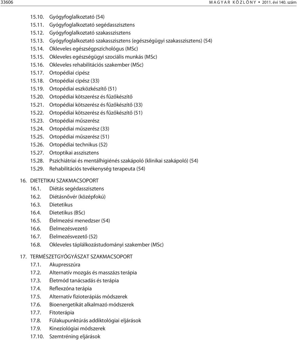 Okleveles rehabilitációs szakember (MSc) 15.17. Ortopédiai cipész 15.18. Ortopédiai cipész (33) 15.19. Ortopédiai eszközkészítõ (51) 15.20. Ortopédiai kötszerész és fûzõkészítõ 15.21.