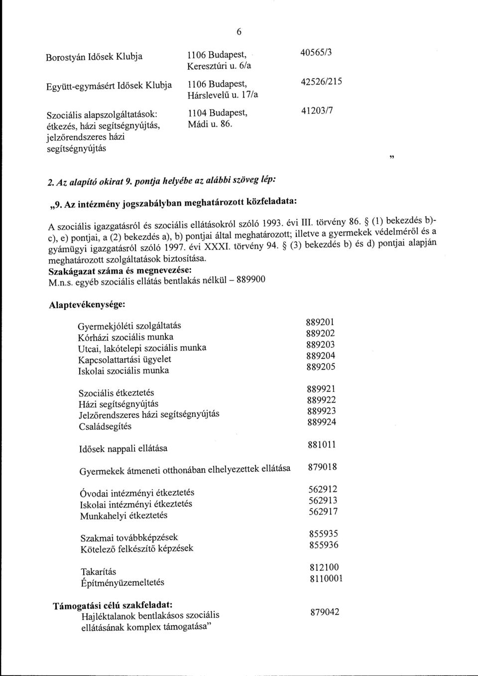 pontja helyébe az alábbi szöveg lép: "9. Az intézmény jogszabályban meghatározott közfeladata: Aszociális igazgatásról és szociális ellátásokról szóló 1993. évi III. törvény 86.